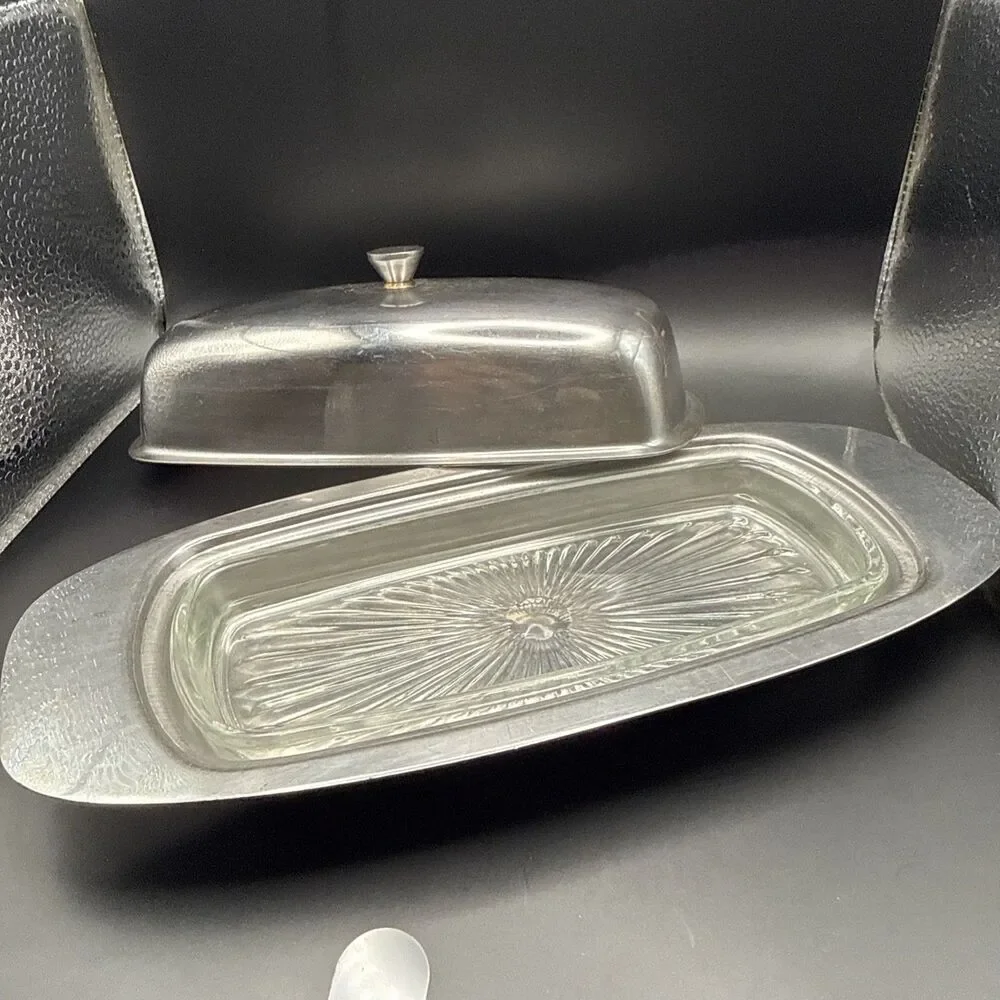 3 Piece Stainless Steel Covered Butter Dish Glass Insert/lid Mid century Modern